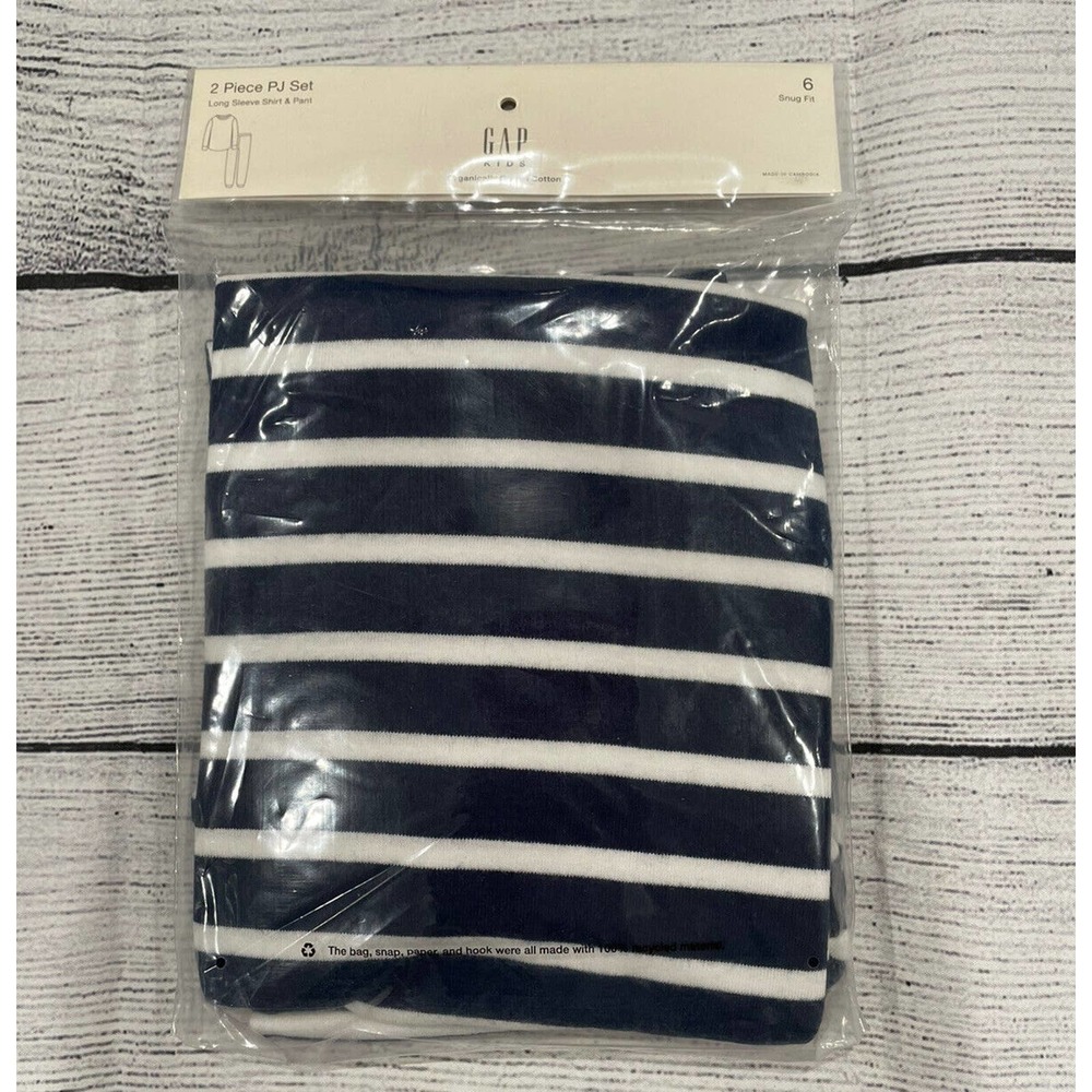 Gap Blue Striped 100% Organic Cotton Kids 6 Snug Fit Print PJ Set E3